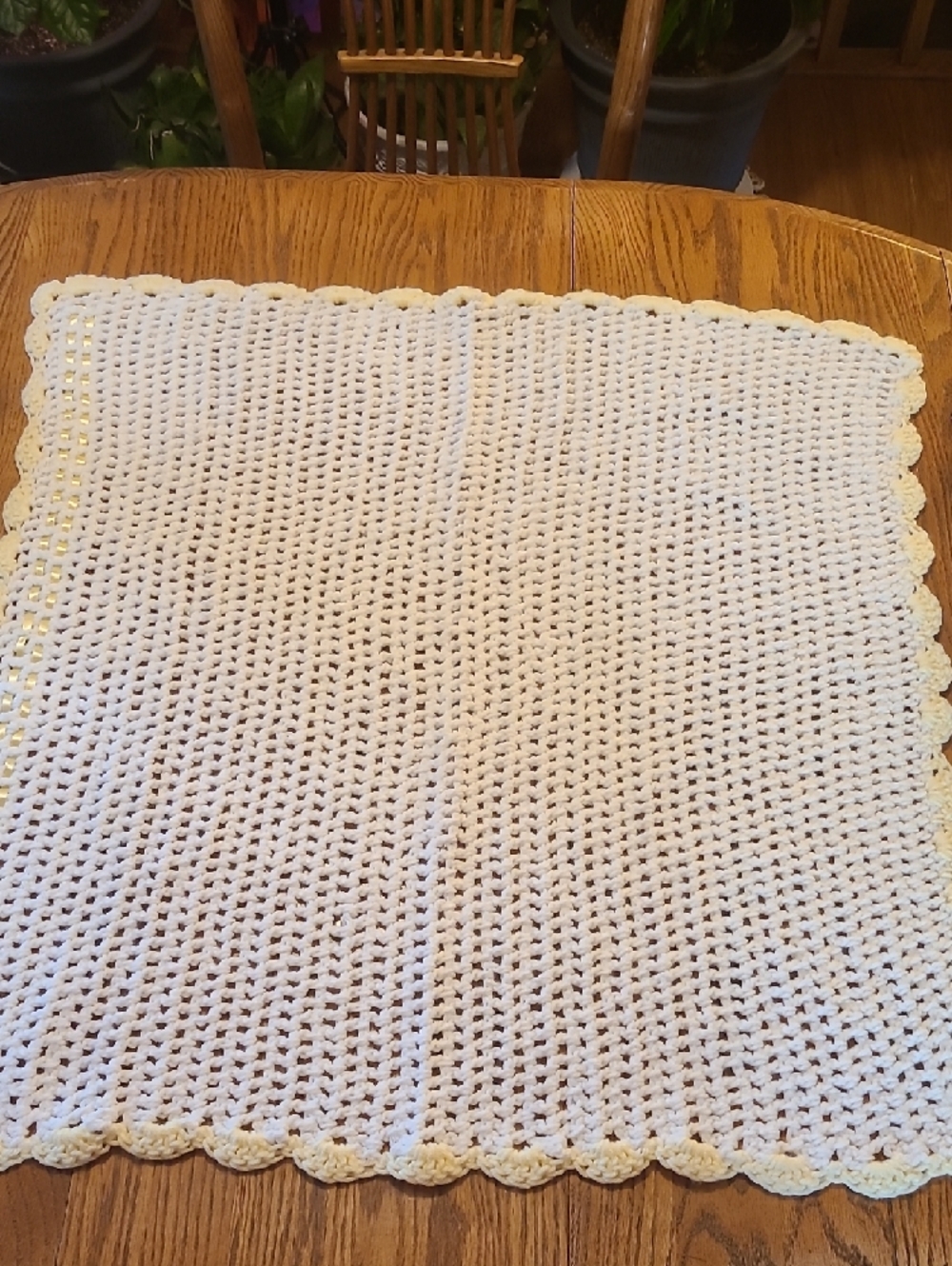 Handmade White Crocheted Baby Blanket / AfghN with Yellow Ribbon - Picture 3 of 6